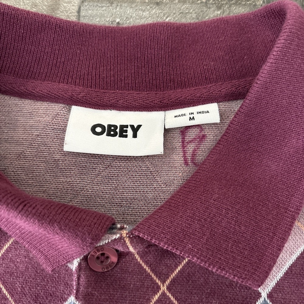 Obey Mens Medium Long Sleeve Polo Shirt Argyle pattern 100% cotton preppy - Picture 3 of 8